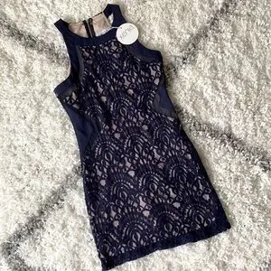 Xenia Boutique Dresses Navy Blue And Tan Lace Halter Dress